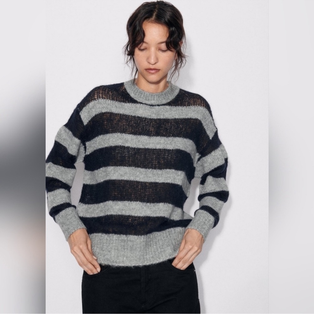 ZARA‎ Stripe sweater alpaca wool blend sheer light cozy soft transitional weathe